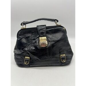 Vintage 90s Patchwork Black Genuine Leather Doctor Bag Kiss Lock Handbag OS